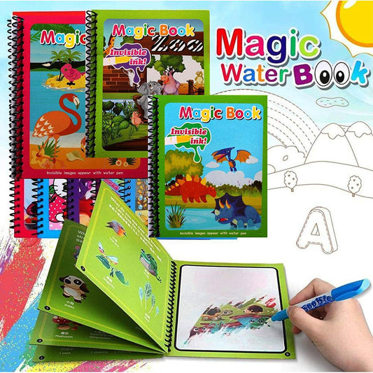 Colorful and reusable water drawing book featuring dinosaur and cartoon themes.
